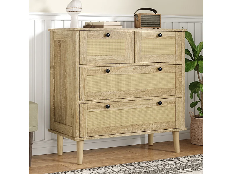 Commode 4 tiroirs en rotin - avec poignée noire - pieds en bois massif - 80x40x80cm