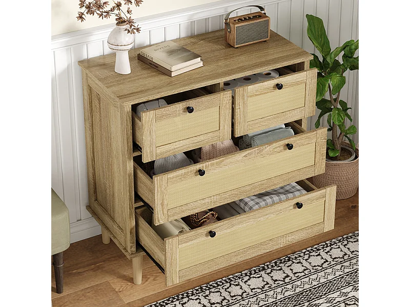 Commode 4 tiroirs en rotin - avec poignée noire - pieds en bois massif - 80x40x80cm