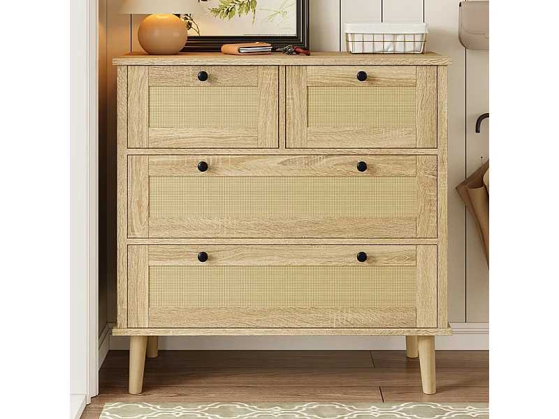 Commode 4 tiroirs en rotin - avec poignée noire - pieds en bois massif - 80x40x80cm