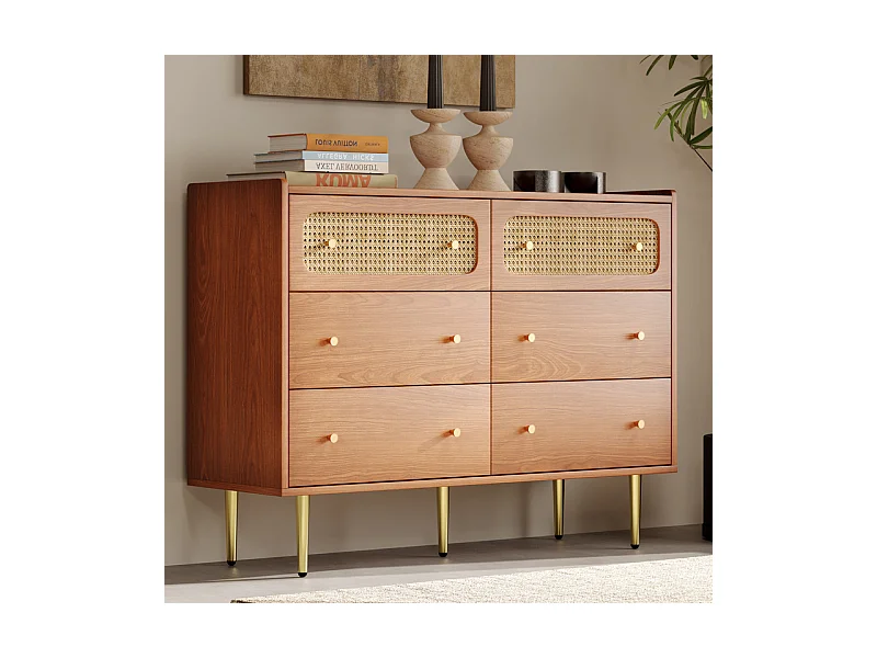 Kommode 6 Schubladen - mit Goldenen Metallgriffen und Füßen - Abgerundete Ecken Nussbaum 120x40x90cm