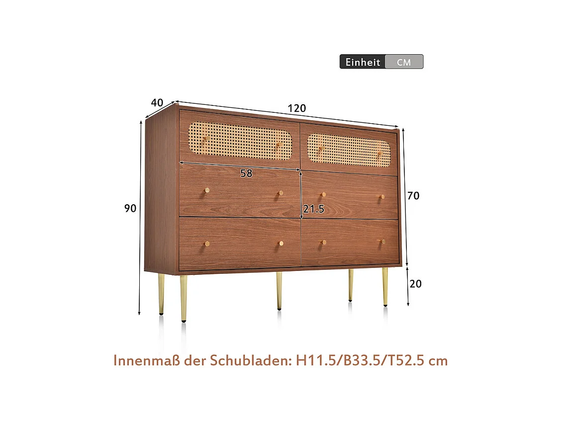 Kommode 6 Schubladen - mit Goldenen Metallgriffen und Füßen - Abgerundete Ecken Nussbaum 120x40x90cm