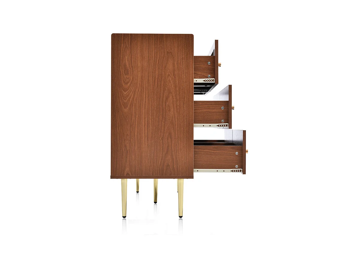 Kommode 6 Schubladen - mit Goldenen Metallgriffen und Füßen - Abgerundete Ecken Nussbaum 120x40x90cm