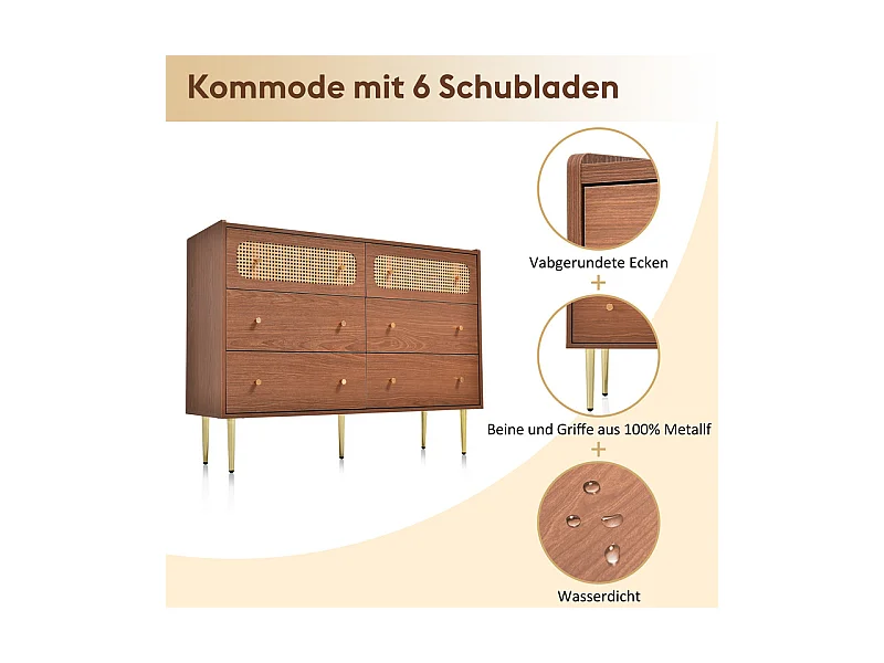 Kommode 6 Schubladen - mit Goldenen Metallgriffen und Füßen - Abgerundete Ecken Nussbaum 120x40x90cm