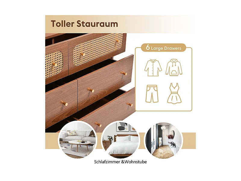Kommode 6 Schubladen - mit Goldenen Metallgriffen und Füßen - Abgerundete Ecken Nussbaum 120x40x90cm