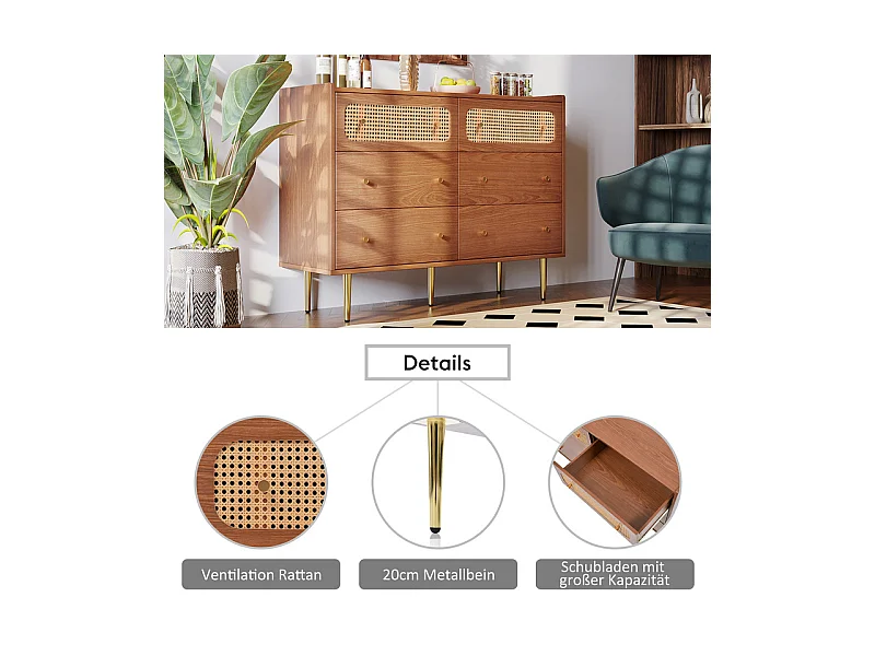 Kommode 6 Schubladen - mit Goldenen Metallgriffen und Füßen - Abgerundete Ecken Nussbaum 120x40x90cm