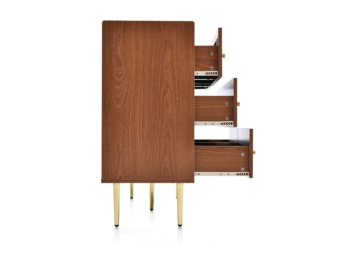 Kommode 6 Schubladen - mit Goldenen Metallgriffen und Füßen - Abgerundete Ecken Nussbaum 120x40x90cm