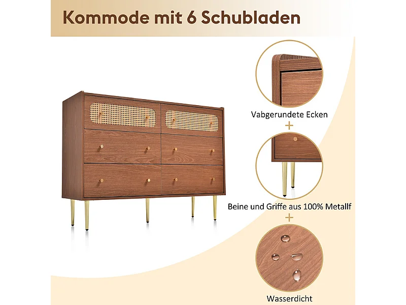 Kommode 6 Schubladen - mit Goldenen Metallgriffen und Füßen - Abgerundete Ecken Nussbaum 120x40x90cm