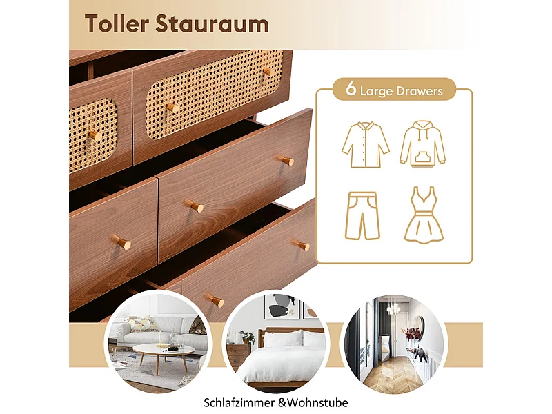 Kommode 6 Schubladen - mit Goldenen Metallgriffen und Füßen - Abgerundete Ecken Nussbaum 120x40x90cm