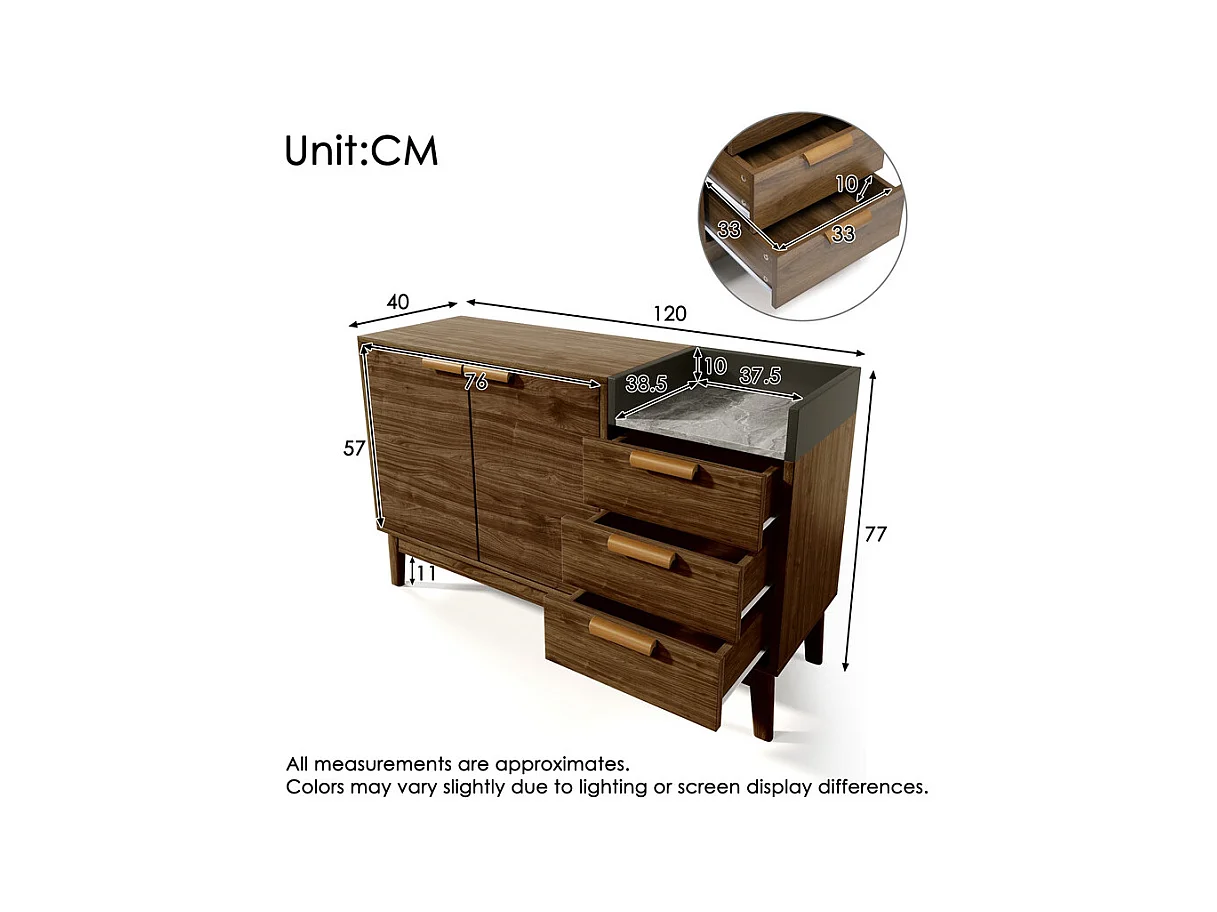 Commode 3 tiroirs - avec dessus aspect marbre et 2 portes - pieds bois massif - chêne - 120x40x77cm