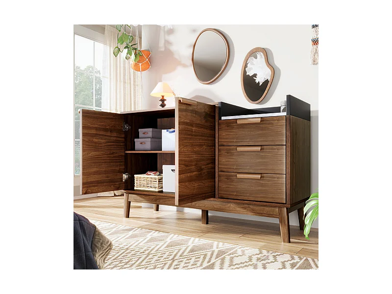 Commode 3 tiroirs - avec dessus aspect marbre et 2 portes - pieds bois massif - chêne - 120x40x77cm