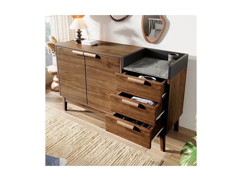 Commode 3 tiroirs - avec dessus aspect marbre et 2 portes - pieds bois massif - chêne - 120x40x77cm