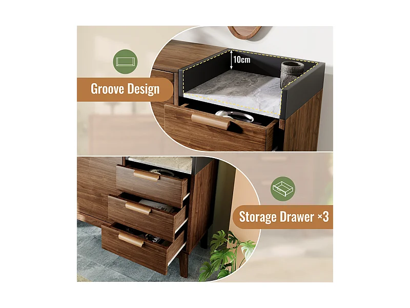 Commode 3 tiroirs - avec dessus aspect marbre et 2 portes - pieds bois massif - chêne - 120x40x77cm