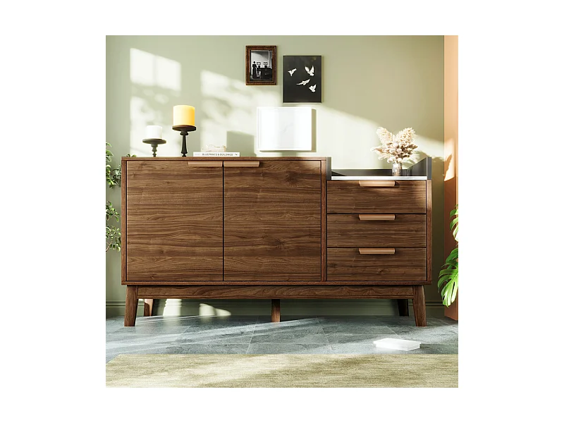 Commode 3 tiroirs - avec dessus aspect marbre et 2 portes - pieds bois massif - chêne - 120x40x77cm