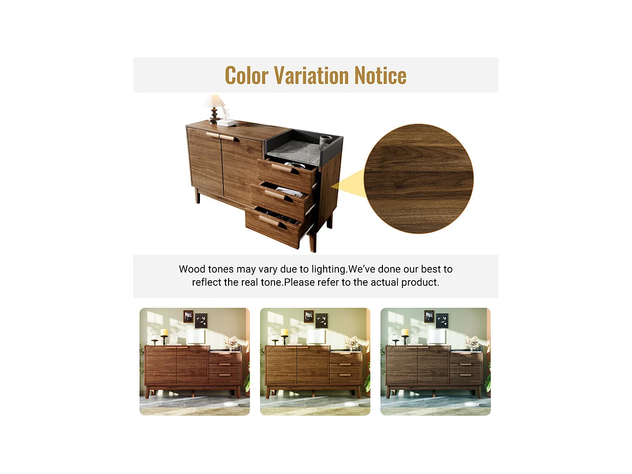 Commode 3 tiroirs - avec dessus aspect marbre et 2 portes - pieds bois massif - chêne - 120x40x77cm