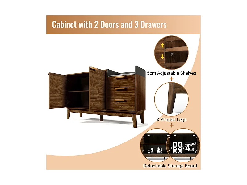 Commode 3 tiroirs - avec dessus aspect marbre et 2 portes - pieds bois massif - chêne - 120x40x77cm