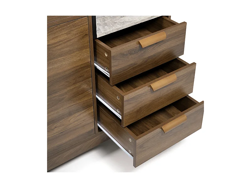 Commode 3 tiroirs - avec dessus aspect marbre et 2 portes - pieds bois massif - chêne - 120x40x77cm