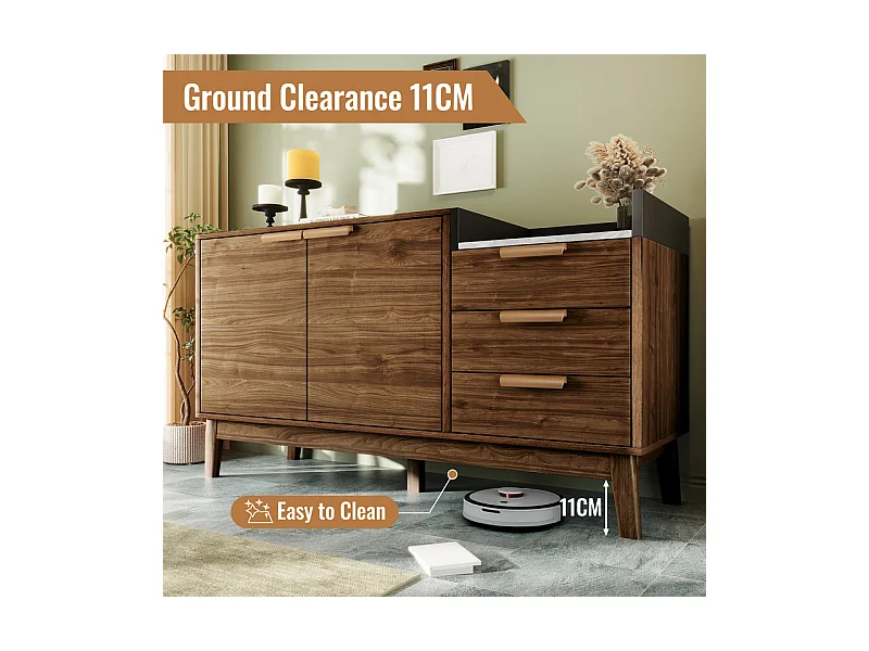 Commode 3 tiroirs - avec dessus aspect marbre et 2 portes - pieds bois massif - chêne - 120x40x77cm