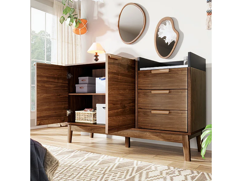 Commode 3 tiroirs - avec dessus aspect marbre et 2 portes - pieds bois massif - chêne - 120x40x77cm