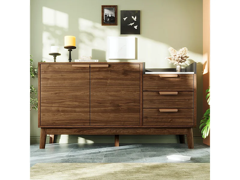 Commode 3 tiroirs - avec dessus aspect marbre et 2 portes - pieds bois massif - chêne - 120x40x77cm