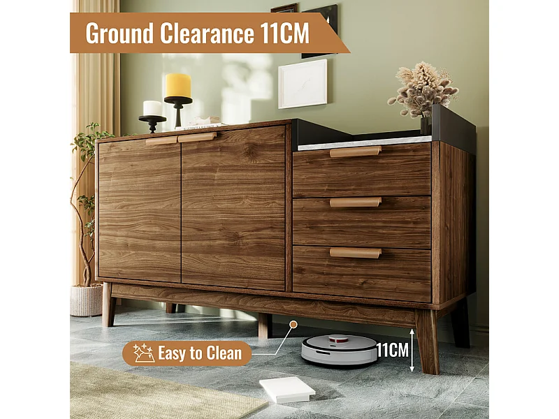 Commode 3 tiroirs - avec dessus aspect marbre et 2 portes - pieds bois massif - chêne - 120x40x77cm