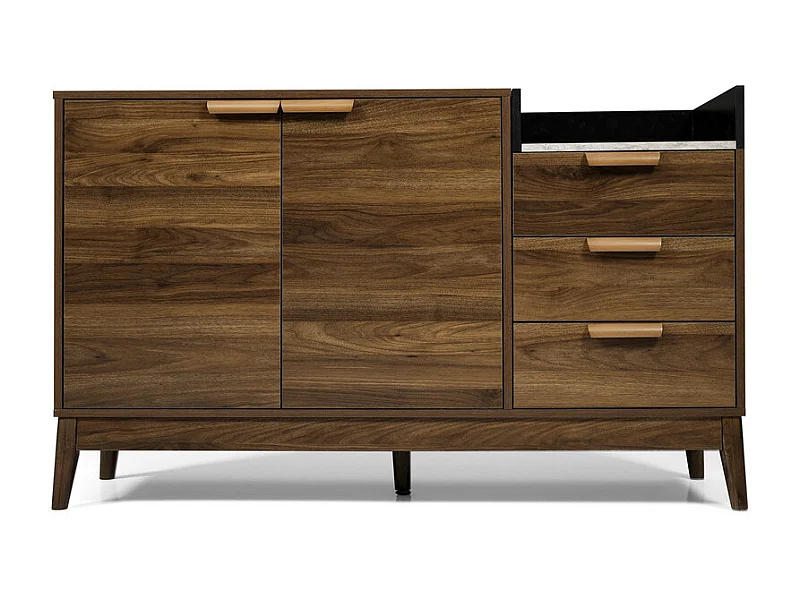 Kommode 3 Lades - met Marmer Look en 2 Deuren - Massief Houten Poten Eik 120x40x77cm