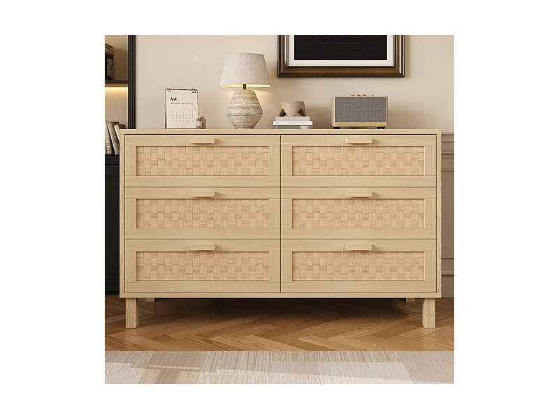 Kommode 6 Rattan Schubladen - mit Holzfüßen - Hell Natur 120x40x75cm