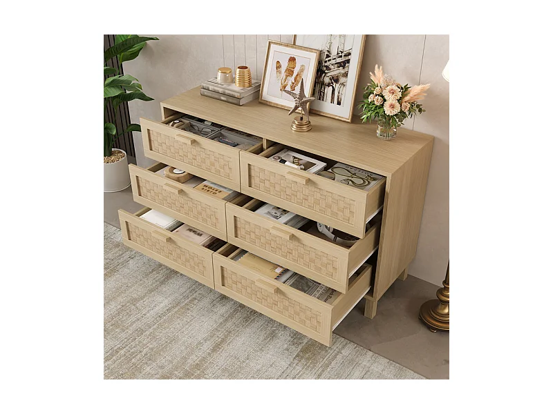 Kommode 6 Rattan Schubladen - mit Holzfüßen - Hell Natur 120x40x75cm