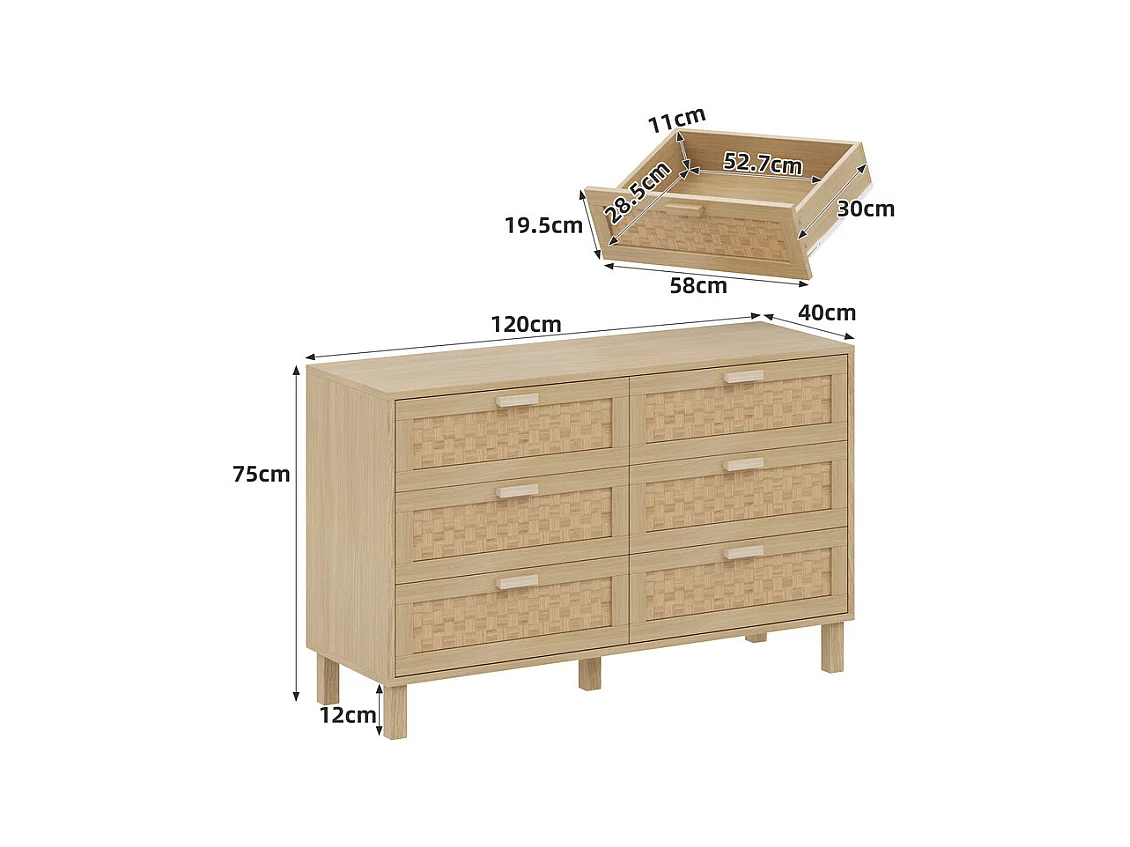 Kommode 6 Rattan Schubladen - mit Holzfüßen - Hell Natur 120x40x75cm