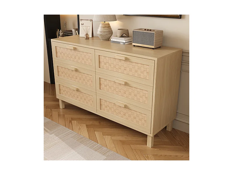 Kommode 6 Rattan Schubladen - mit Holzfüßen - Hell Natur 120x40x75cm