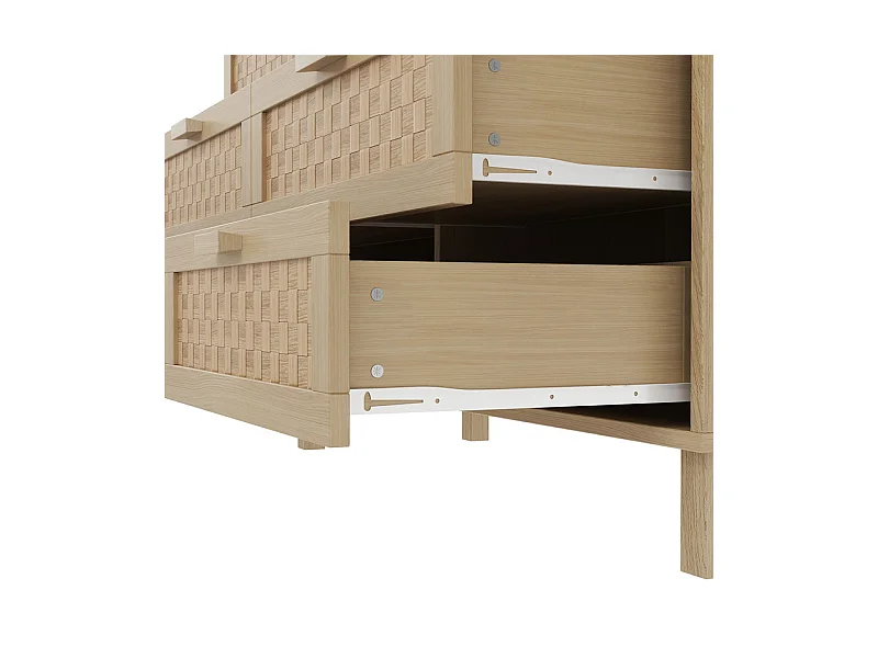 Kommode 6 Rattan Schubladen - mit Holzfüßen - Hell Natur 120x40x75cm