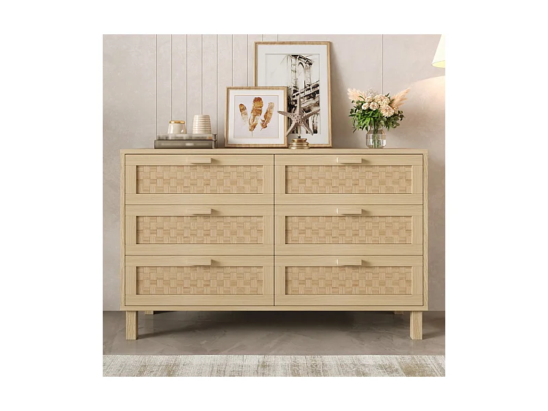 Kommode 6 Rattan Schubladen - mit Holzfüßen - Hell Natur 120x40x75cm