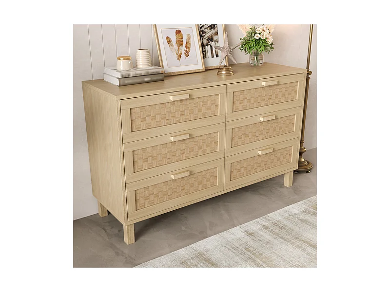 Kommode 6 Rattan Schubladen - mit Holzfüßen - Hell Natur 120x40x75cm