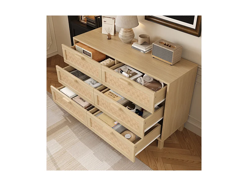 Kommode 6 Rattan Schubladen - mit Holzfüßen - Hell Natur 120x40x75cm