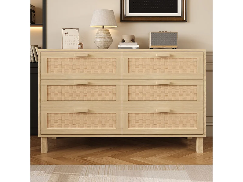 Commode 6 tiroirs en rotin - avec pieds en bois - Naturel clair - 120x40x75cm