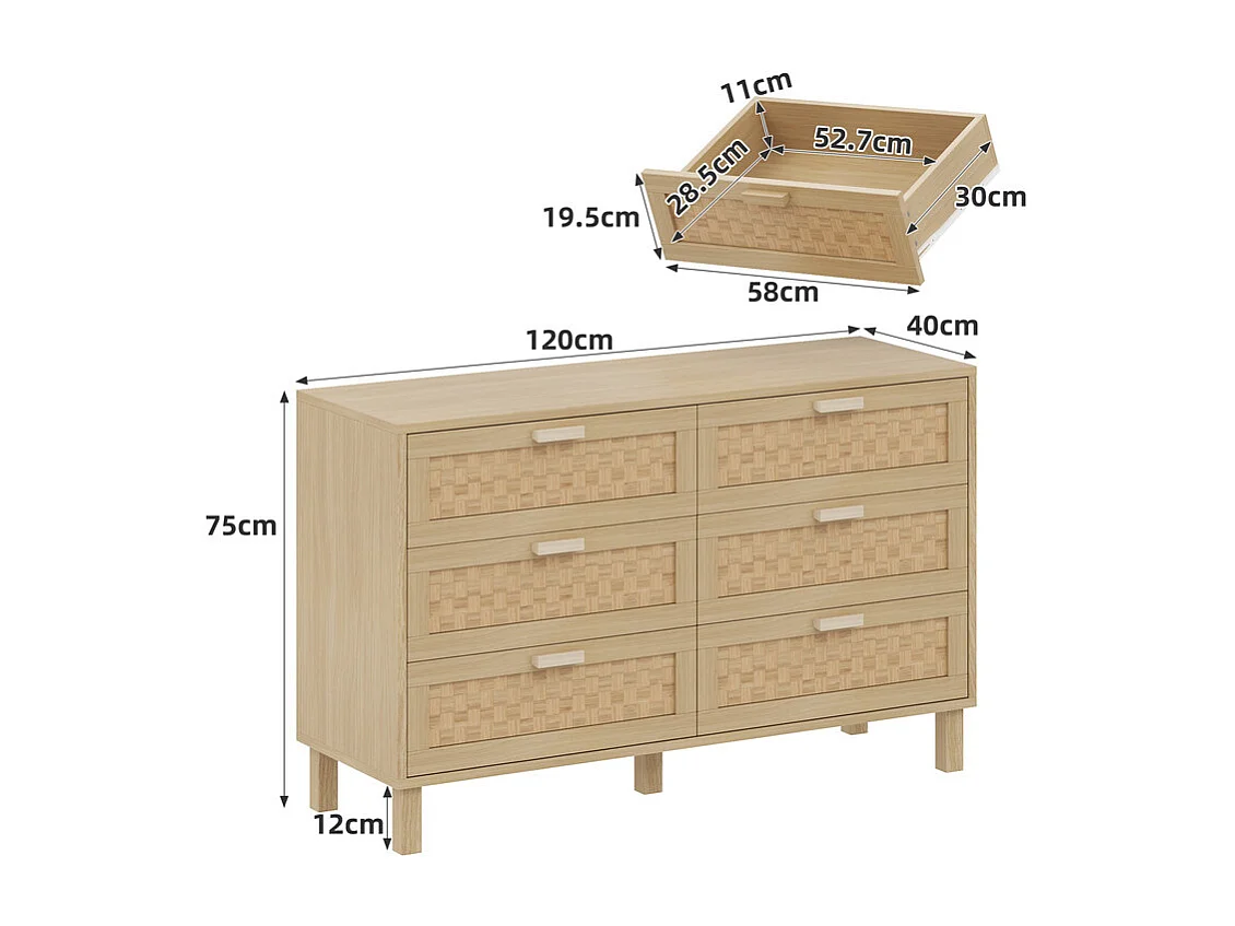 Commode 6 tiroirs en rotin - avec pieds en bois - Naturel clair - 120x40x75cm