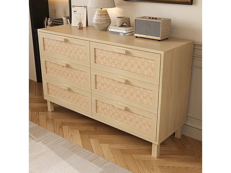 Commode 6 tiroirs en rotin - avec pieds en bois - Naturel clair - 120x40x75cm