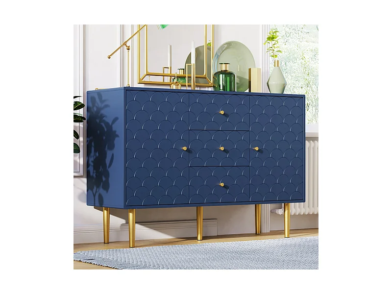 Commode 3 tiroirs, avec 2 portes et pieds en métal, motif d'écailles de poisson, coins arrondis, Bleu, 120x40x83cm