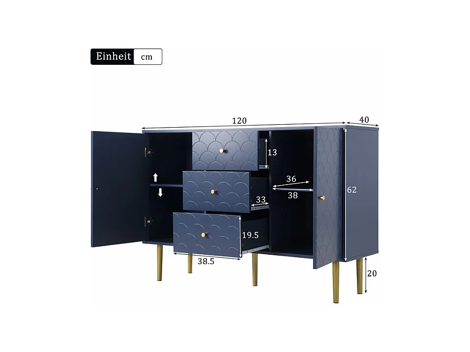 Commode 3 tiroirs, avec 2 portes et pieds en métal, motif d'écailles de poisson, coins arrondis, Bleu, 120x40x83cm