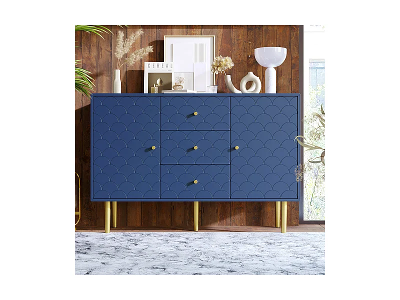 Commode 3 tiroirs, avec 2 portes et pieds en métal, motif d'écailles de poisson, coins arrondis, Bleu, 120x40x83cm