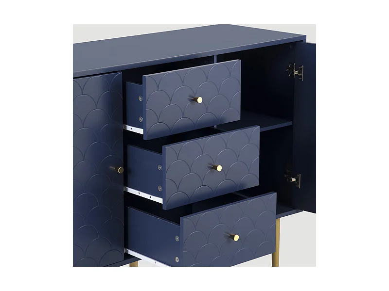 Commode 3 tiroirs, avec 2 portes et pieds en métal, motif d'écailles de poisson, coins arrondis, Bleu, 120x40x83cm