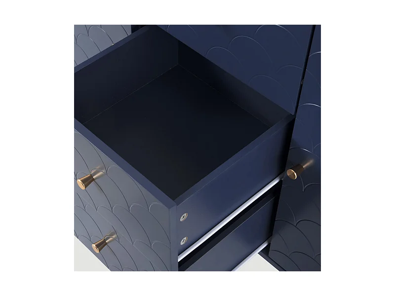 Commode 3 tiroirs, avec 2 portes et pieds en métal, motif d'écailles de poisson, coins arrondis, Bleu, 120x40x83cm