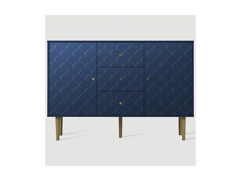 Commode 3 tiroirs, avec 2 portes et pieds en métal, motif d'écailles de poisson, coins arrondis, Bleu, 120x40x83cm