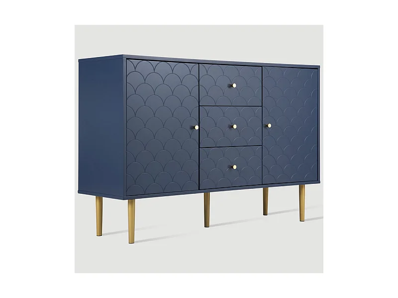 Commode 3 tiroirs, avec 2 portes et pieds en métal, motif d'écailles de poisson, coins arrondis, Bleu, 120x40x83cm