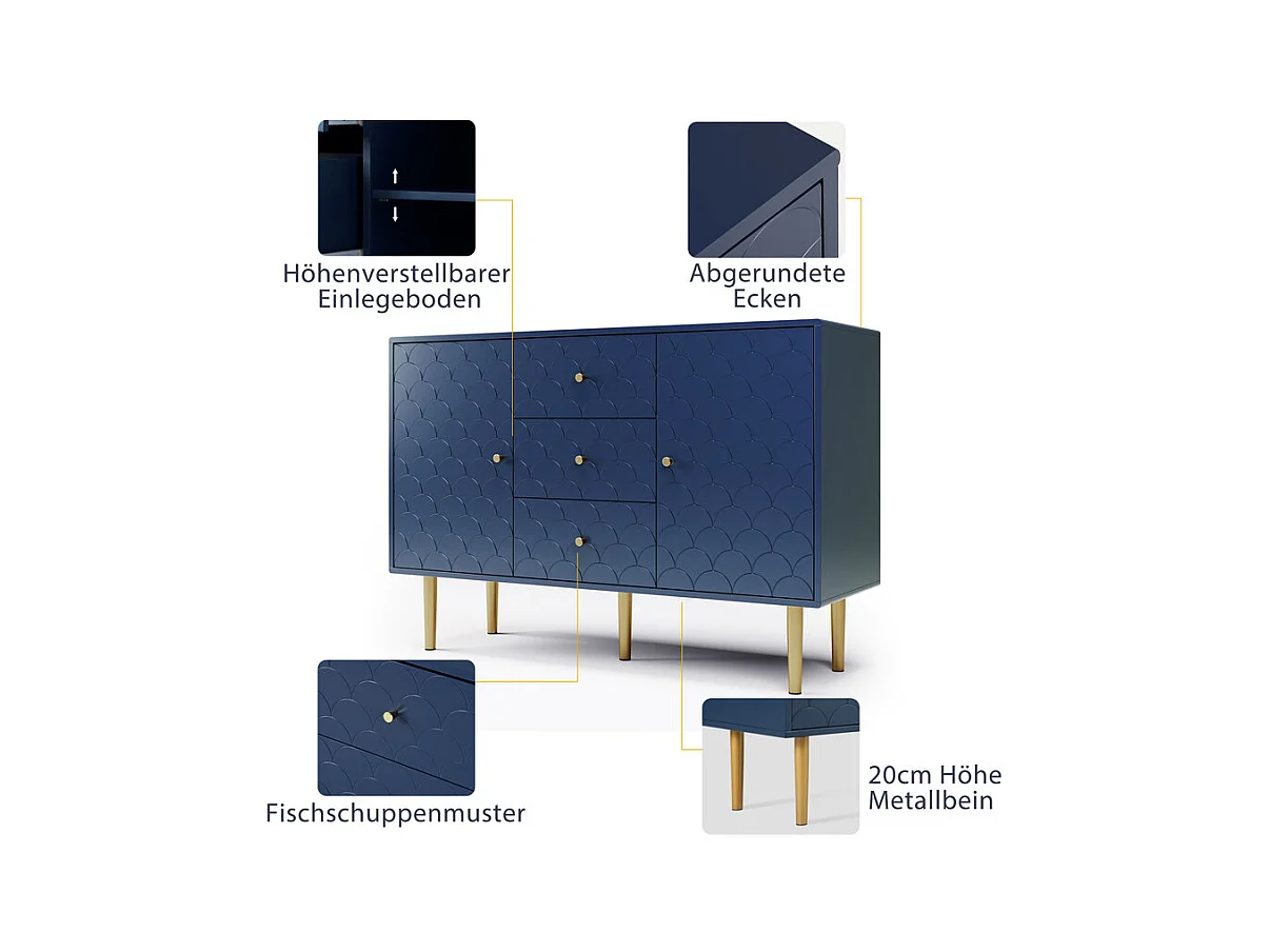 Commode 3 tiroirs, avec 2 portes et pieds en métal, motif d'écailles de poisson, coins arrondis, Bleu, 120x40x83cm