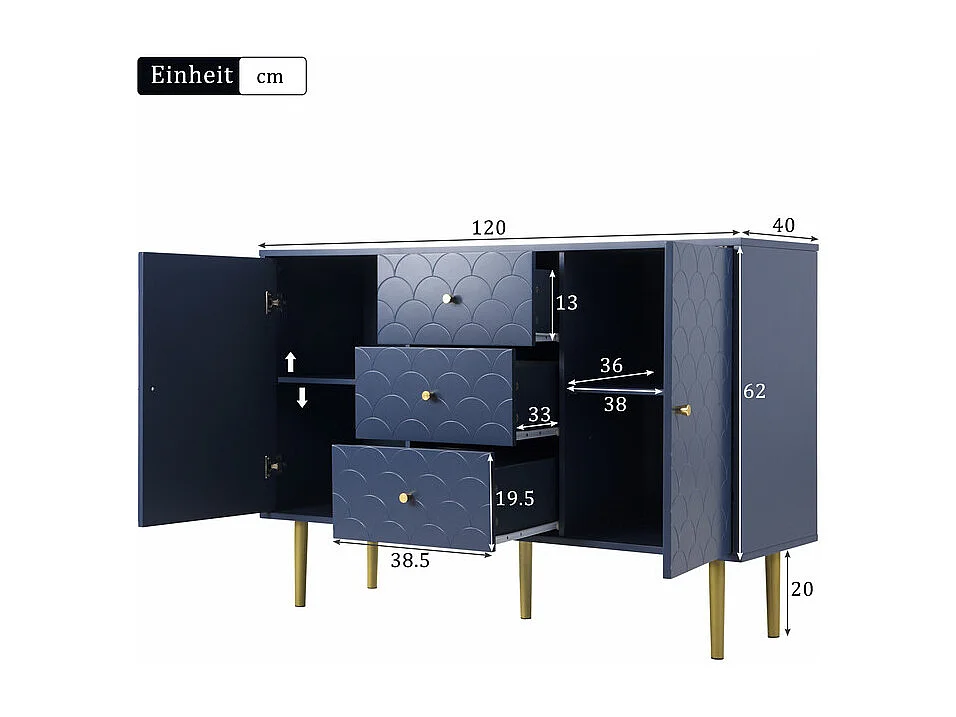 Commode 3 tiroirs, avec 2 portes et pieds en métal, motif d'écailles de poisson, coins arrondis, Bleu, 120x40x83cm