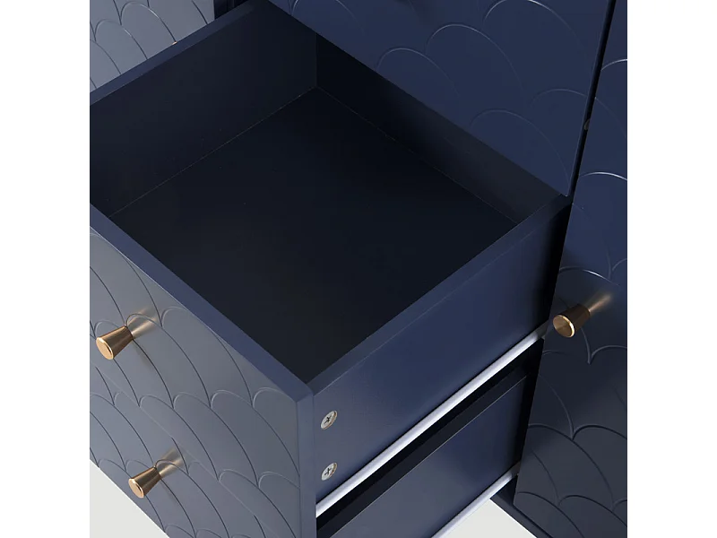 Commode 3 tiroirs, avec 2 portes et pieds en métal, motif d'écailles de poisson, coins arrondis, Bleu, 120x40x83cm