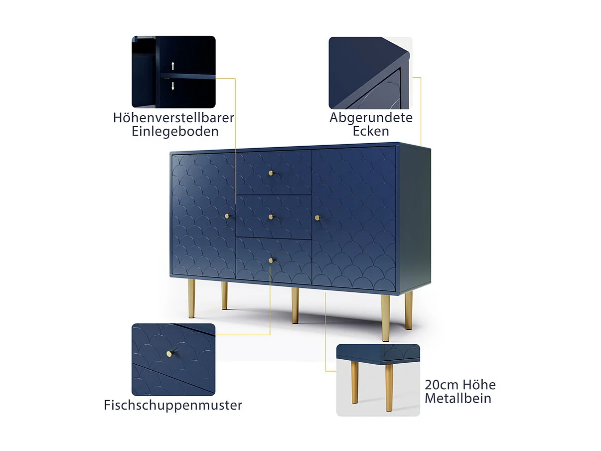 Commode 3 tiroirs, avec 2 portes et pieds en métal, motif d'écailles de poisson, coins arrondis, Bleu, 120x40x83cm