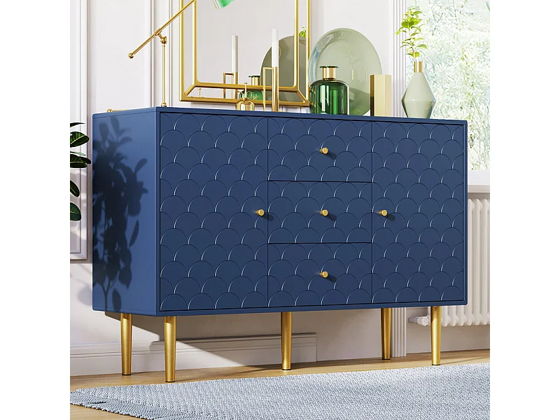 Kommode 3 Lades, met 2 Deuren en Metalen Poten, Visschubpatroon, Afgeronde Hoeken, Blauw 120x40x83cm