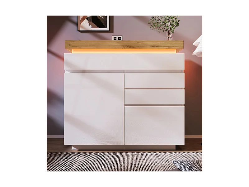 Commode 3 tiroirs, avec 2 portes et RGB LED, espace de rangement réglables, brillant, Blanc, 110x39x115cm