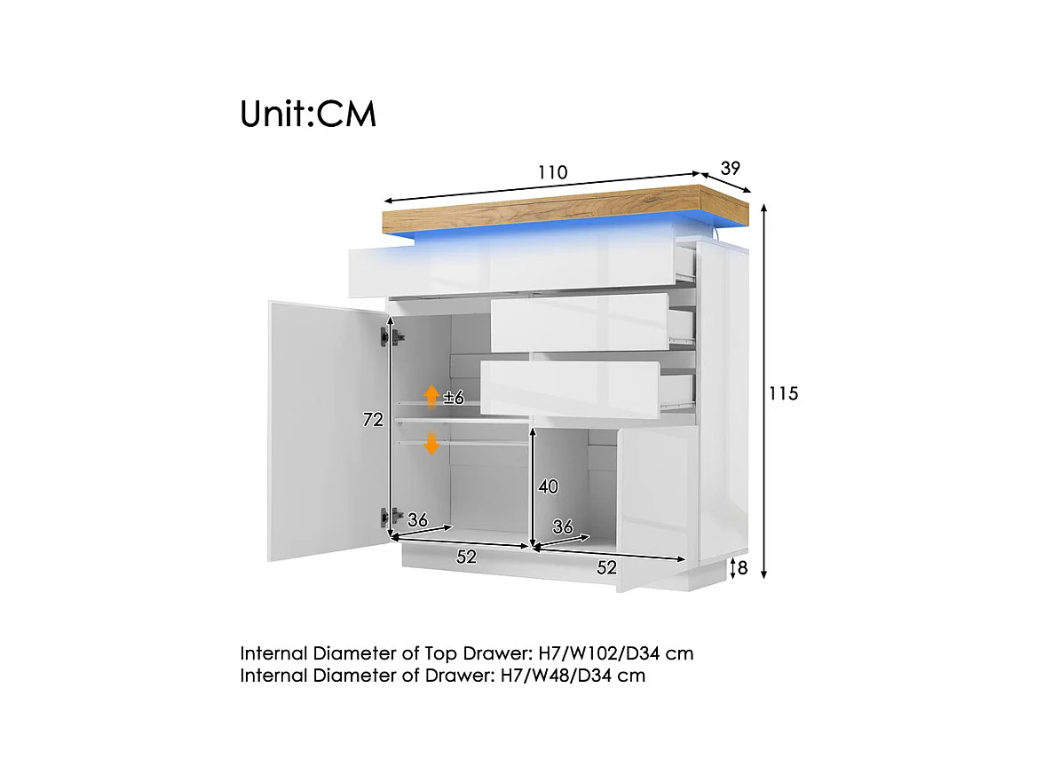 Commode 3 tiroirs, avec 2 portes et RGB LED, espace de rangement réglables, brillant, Blanc, 110x39x115cm